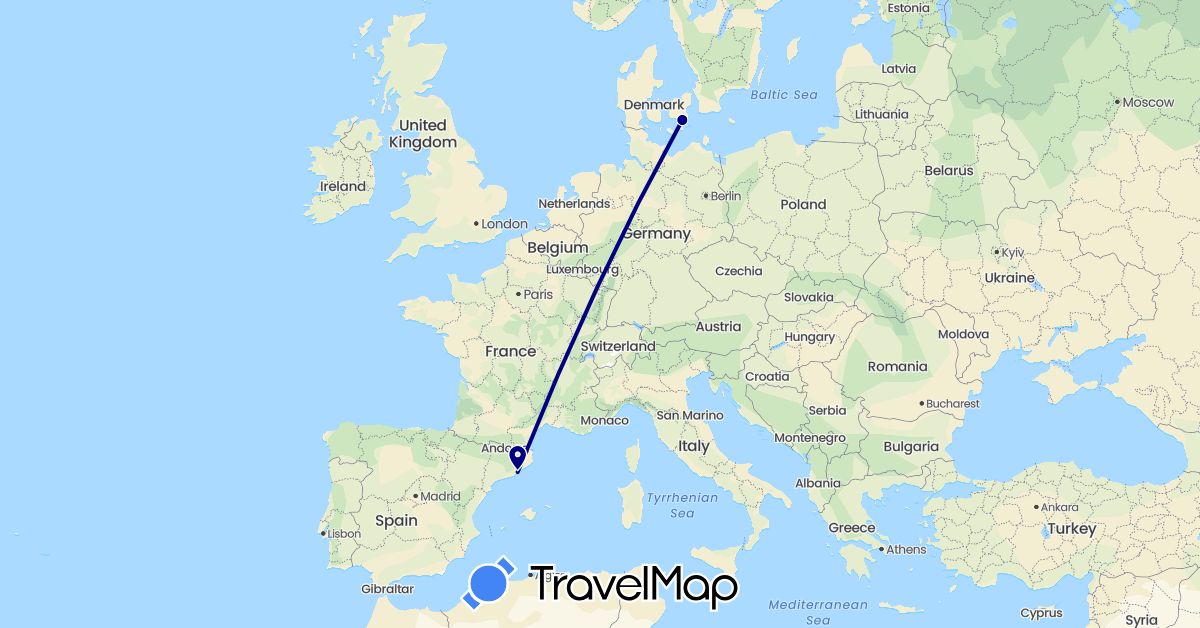 TravelMap itinerary: driving in Denmark, Spain (Europe)